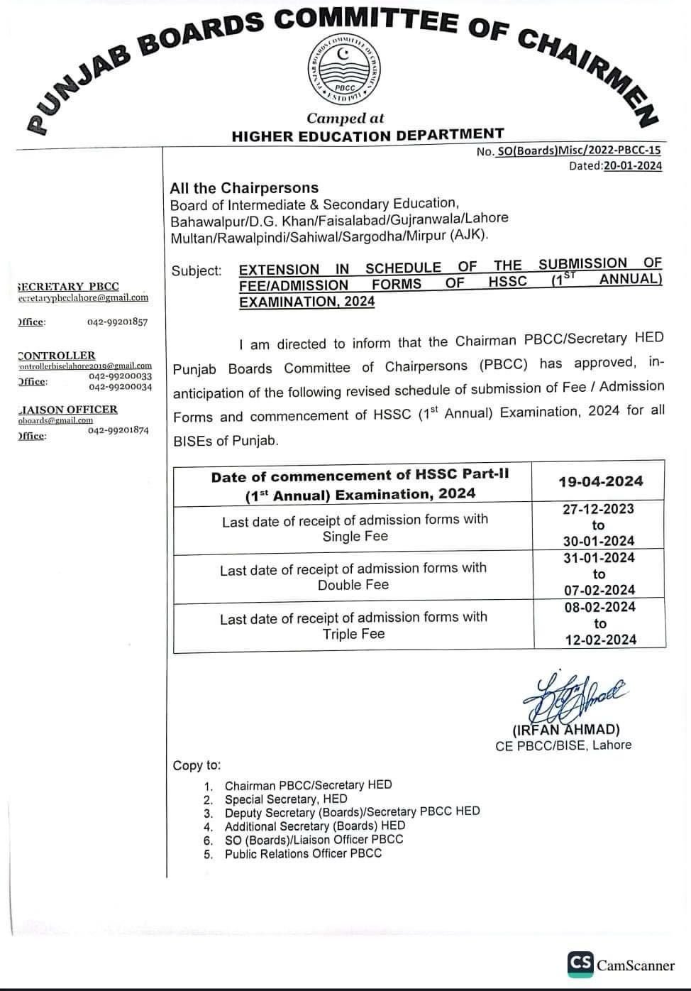 Date of commencement of HSSC Part-I (1st Annual) Examination,2024: 07-05-2024